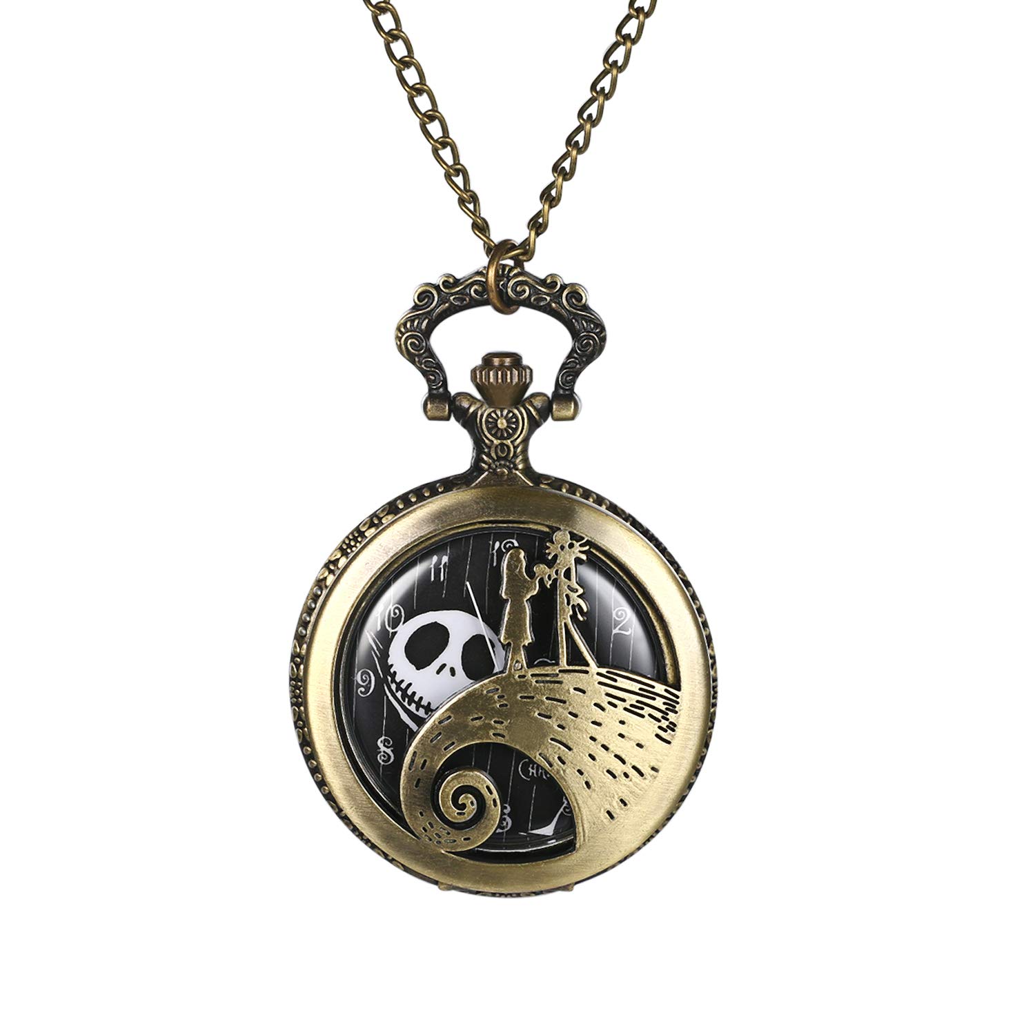 JewelryWe Antique Nightmare Before Christmas Pocket Watch Men Women Pocket Watches with Chain Necklace for Xmas