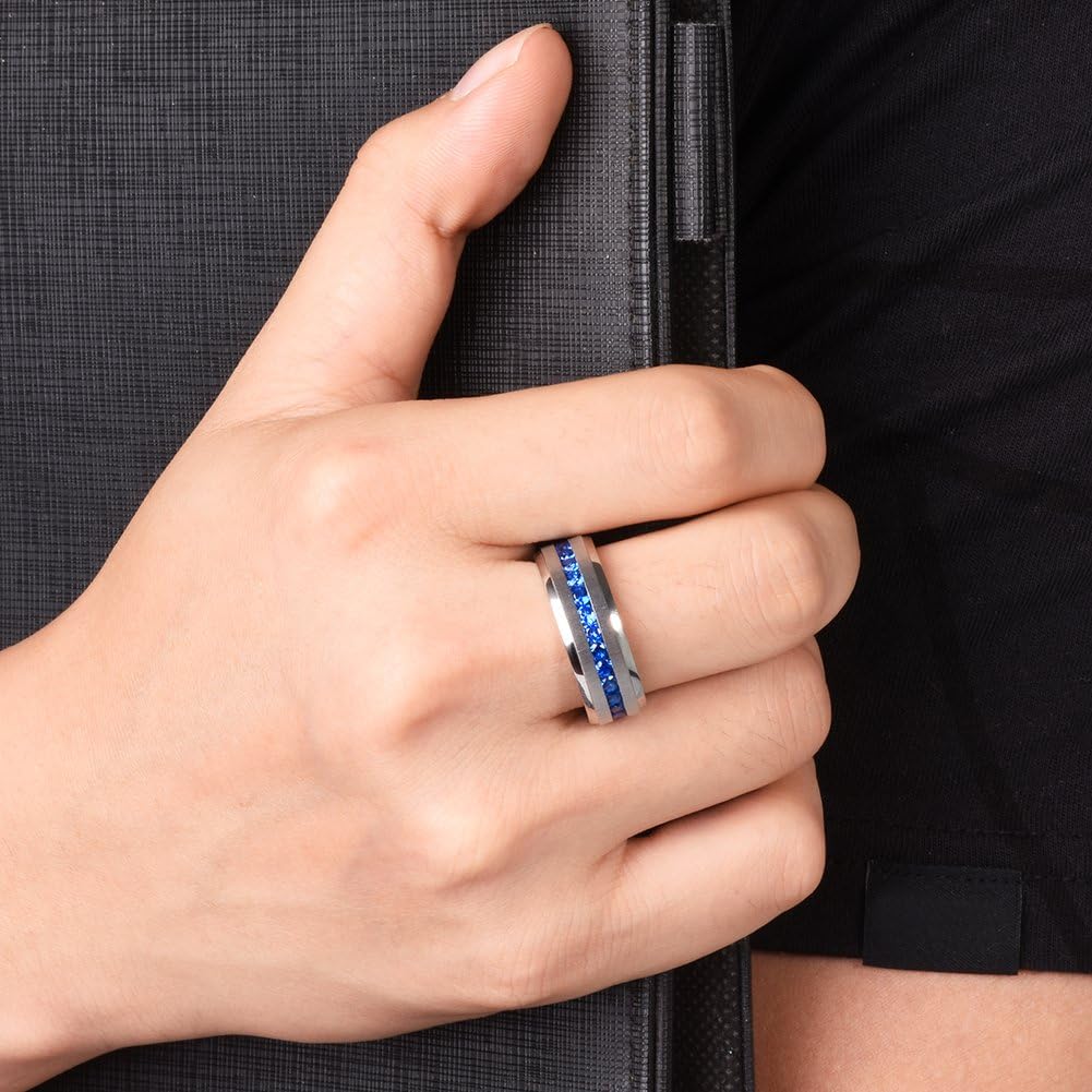 King Will 8mm Silver/Black Titanium Ring for Men Women Wedding Band With Blue/White Inlay Engagement Ring | 