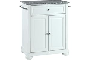 Crosley Furniture Alexandria Granite Top Small Portable Rolling Kitchen Island Storage Cart, Microwave Stand, White