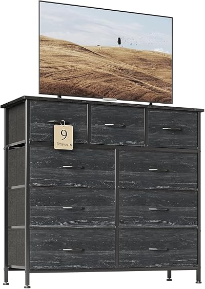 CAIYUN 9-Drawer Fabric Dresser with Wood Top Charcoal Black