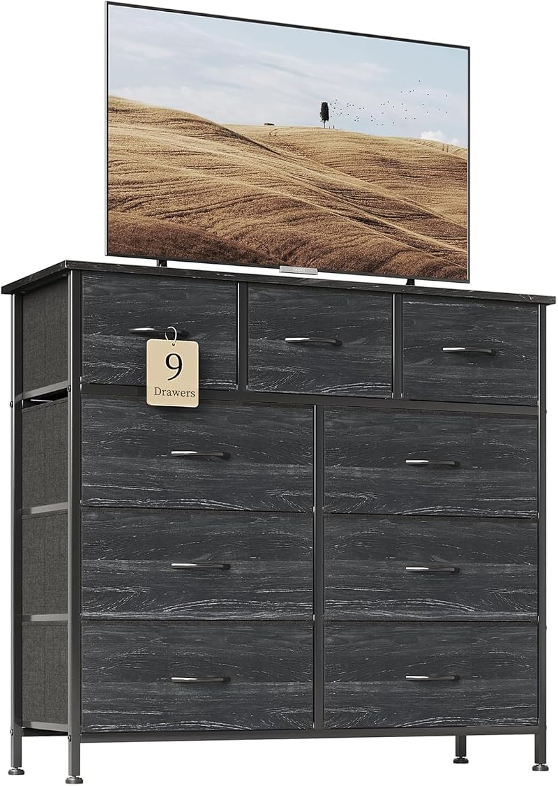 CAIYUN 9-Drawer Fabric Dresser with Wood Top Charcoal Black