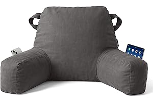 Unisakey Portable Comfy Reading Pillows for Bed Sitting Up(Light Grey Oeko-Tex), Velvet Back Pillow with Arms & Pockets for Adults, Support Memory Foam Bed Pillow for Dorm/Reading/Watching/Gaming