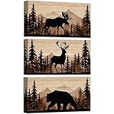 HOMEOART Rustic Cabin Decor Wildlife Painting Bear Moose Deer Pictures Wall Decor Framed Canvas Wall Art for Lodge Hunting Themed Bedroom Bathroom Decoration,6x12inchx3Pieces