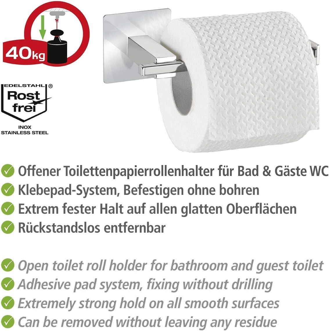 Wenko Turbo-Loc® Quadro Stainless Steel Toilet Roll Holder without Lid, No Drilling Required, Stainless Steel, Chrome, Silver - Image 4