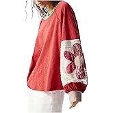 BEAUDRM Women's Oversized Sweatshirt Boho Tops Patchwork Crewneck Sweatshirt Floral Long Sleeve Pullover Tops