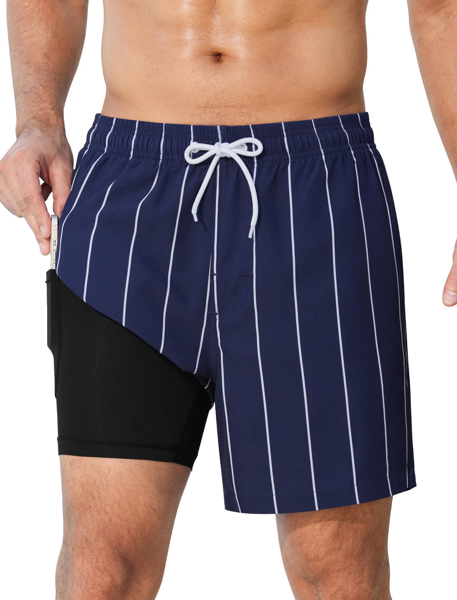 SILKWORLD Quick Dry Mens Swim Trunks with Compression Liner Stretch Swim Shorts Bathing Suits with Zipper Pockets, Navy&White Vertical Stripes, Medium Image