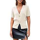 Tanming Womens Pullover Sweaters Solid Trendy Deep V Neck Button Up Waist Cinched Short Sleeve Knit Sweater Tops