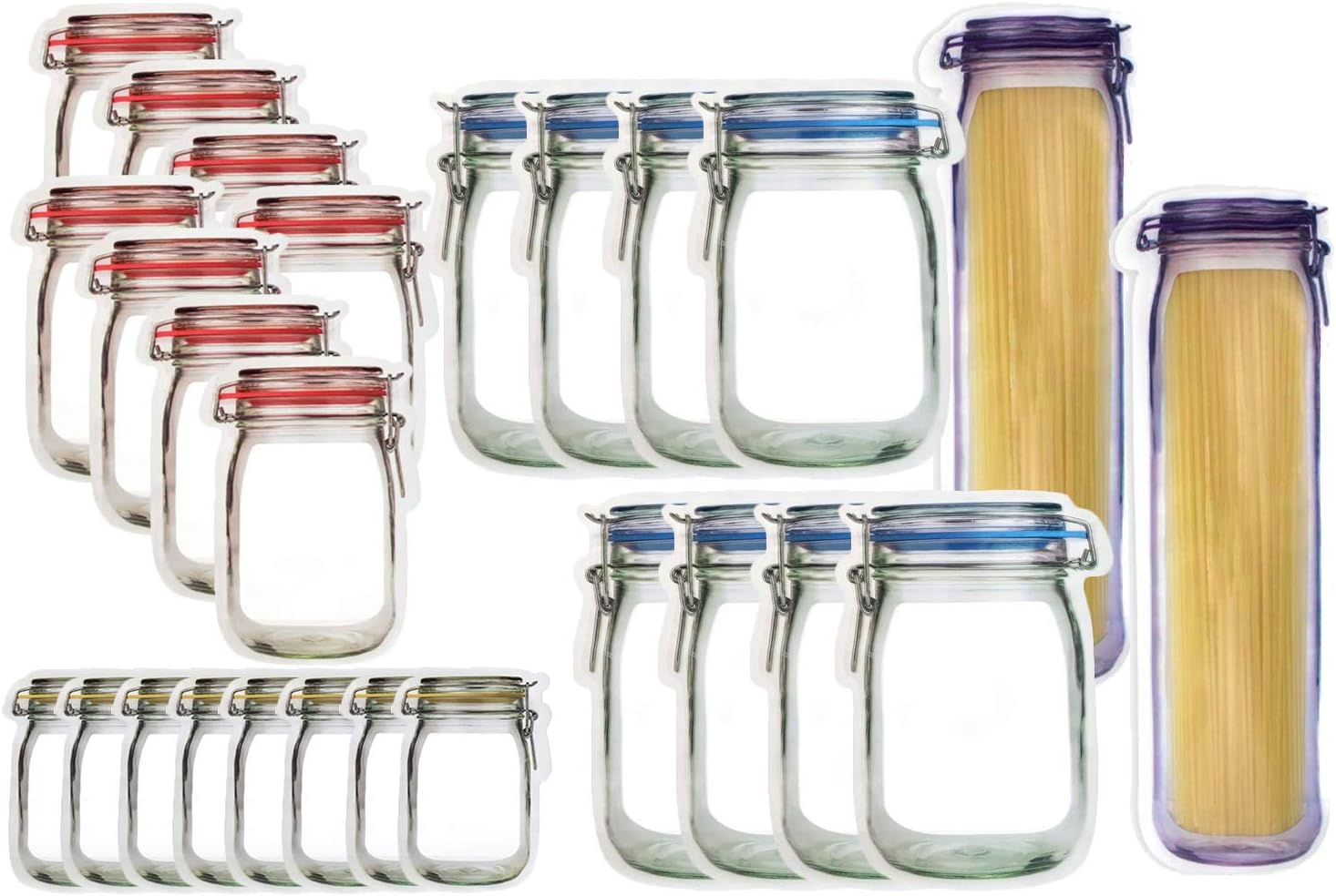 JOERSH 26PCS Mason Jar Bottles Bags Reusable Stand-Up Ziplock Food Snack Storage Bags Fresh Sealed Bags for Kitchen Camping Picnic Organizer Travel Camping (S/M/L/Xl)