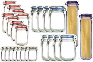 JOERSH 26PCS Mason Jar Bottles Bags Reusable Stand-Up Ziplock Food Snack Storage Bags Fresh Sealed Bags for Kitchen Camping Picnic Organizer Travel Camping (S/M/L/Xl)