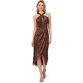 Adrianna Papell Womens Halter Crinkle Metallic Dress