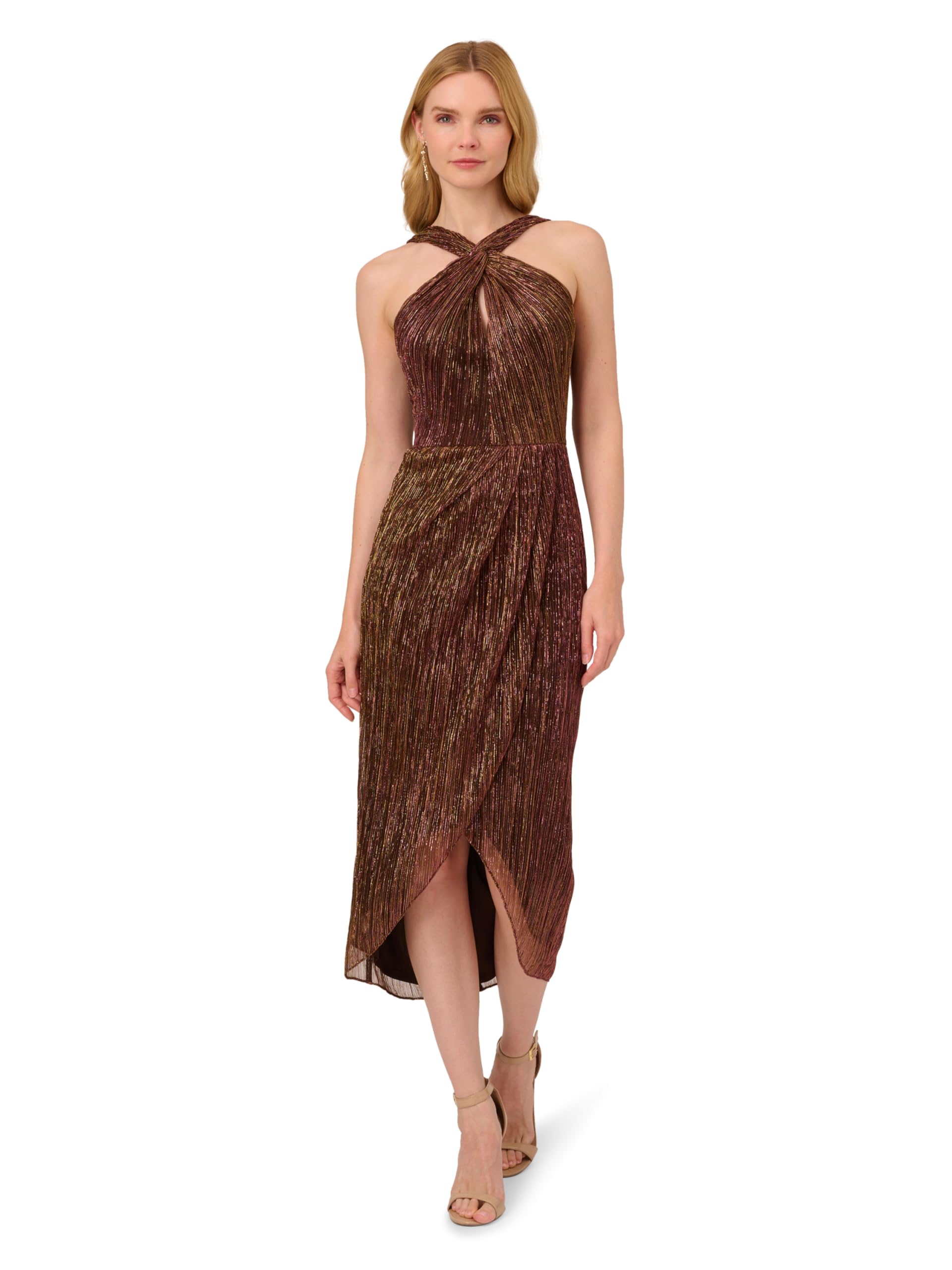 Photo 1 of Adrianna Papell Women's Halter Crinkle Metallic Dress, Copper size 6