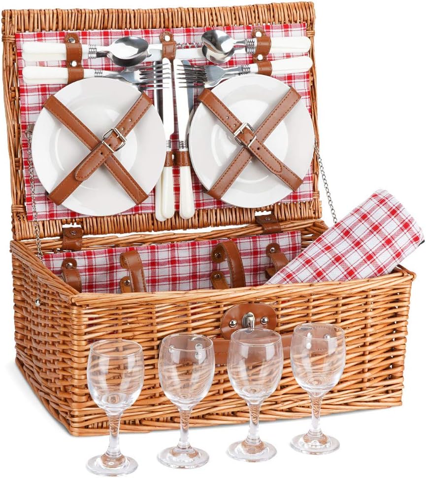 G GOOD GAIN Picnic Basket Set 4 Person Picnic Hamper Wicker Picnic
