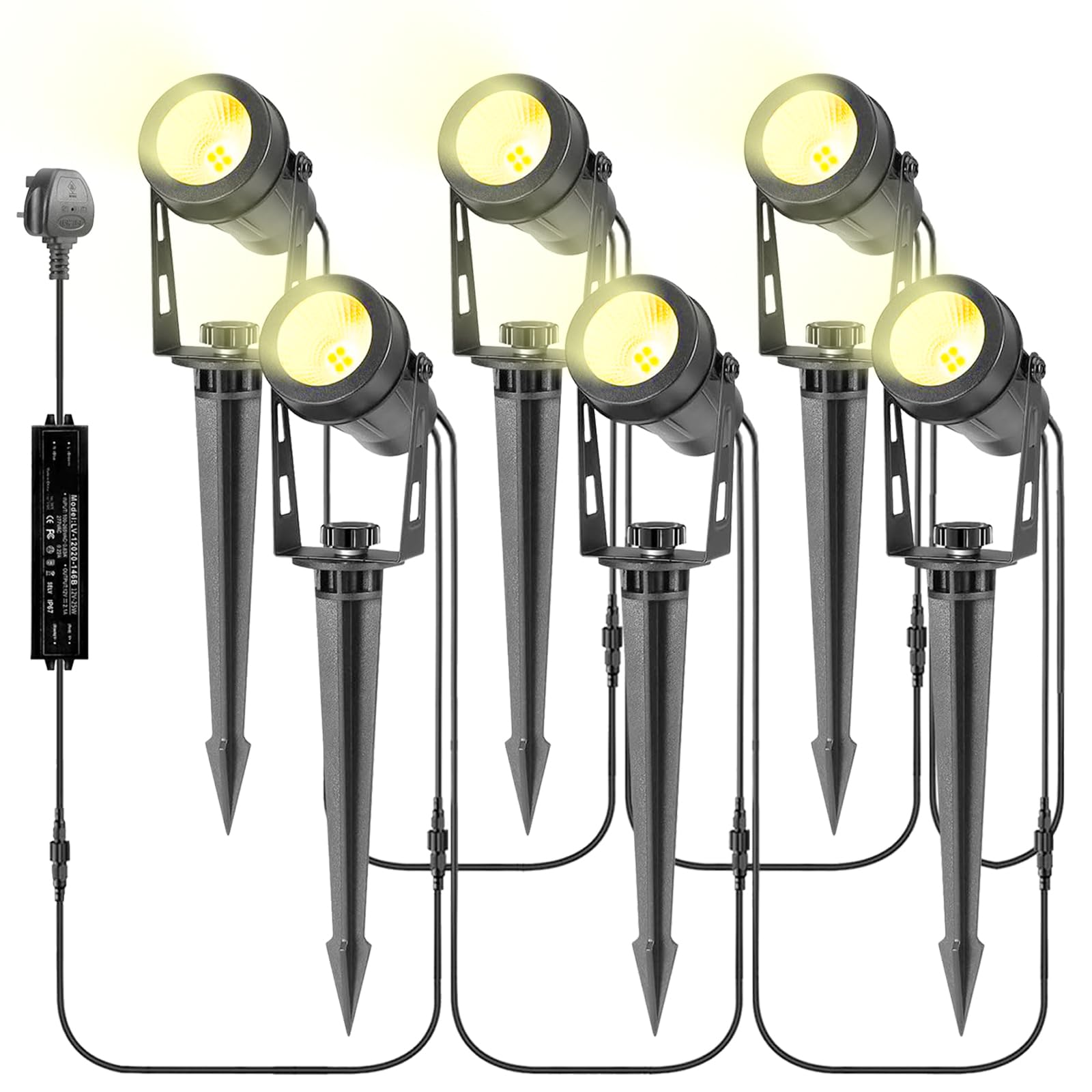 B-right Garden Lights Mains Powered, 21M Extendable to 8 Garden Spike Lights,12V Low Voltage IP65 Waterproof Outdoor Spot Light LED for Pathway Yard Lawn(6Pack Warm White 18W)