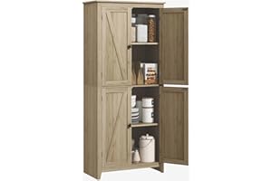 HOMCOM 72" Farmhouse Kitchen Pantry Cabinet, Buffet Storage Cabinet with 4 Barn Doors and Adjustable Shelves, Natural
