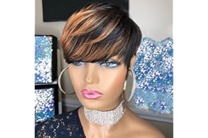 PangDongLai Pixie Cut Wigs for Black Women Short Layered Pixie Cut Human Hair Wigs With Bangs Black with Brown F1B/33 Color Glueless Brazilian Virgin Straight Human Hair for Daily Use