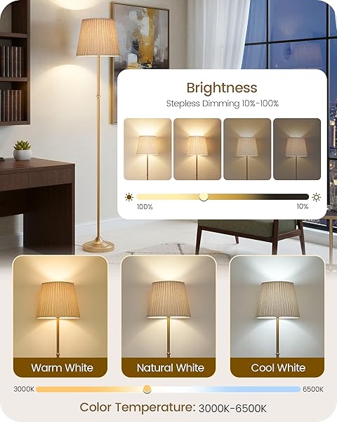 GOEBLESON DIMMABLE FLOOR LAMP FOR LIVING ROOM, 68″ TALL STANDING LAMP, READING LIGHT WITH REMOTE & FOOT PEDAL, 10W LED BULB (3000K-6500K) INCLUDED, FCC LISTED, REINFORCED BASE, GOLD AND BEIGE DE12LD05