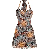 Milumia Women's Vintage Tie Back Halter Dress Boho Print Mesh Short Dresses