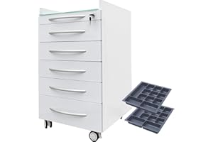 LGXEnzhuo 5 Drawer Medical Dental Assistant's Mobile Cabinet, Stainless Steel Rolling Storage Cart, with Wheels and 2 Trays, Glass Countertop, for Clinic Hospital