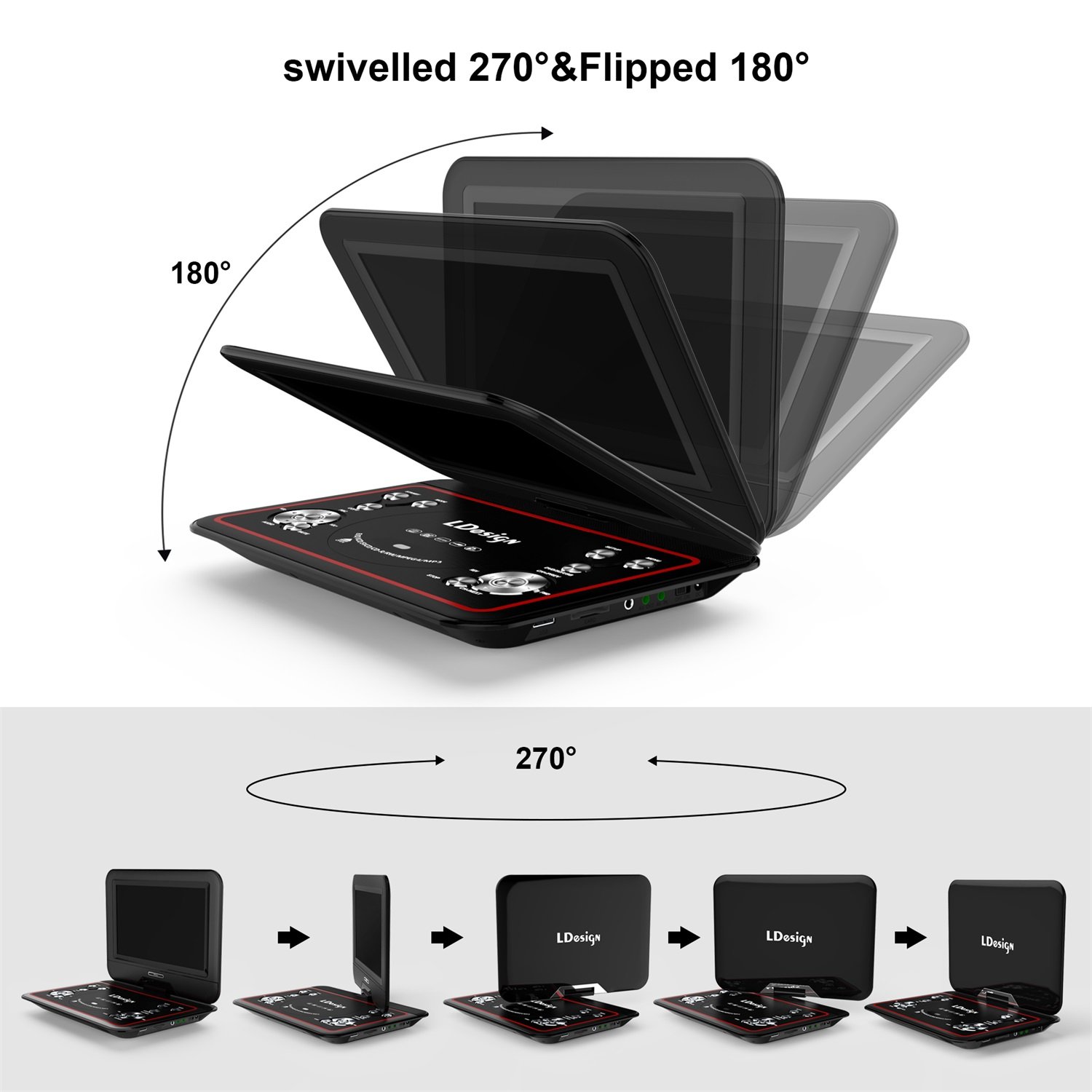 10.5-Inch Portable DVD Player, LDesign Headrest DVD Player for Car with Swivel Screen, 4-Hour Rechargeable Battery, SD Card & USB Port Read, Remote Control, Multi Media Play and Charge in Car Support