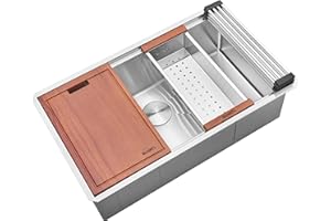 Ruvati 32-inch Round Corner Undermount 16 Gauge Stainless Steel Workstation Kitchen Sink Single Bowl – Soundproof Multifunction Chef Sink with Cutting Board & Accessories – RVH8301