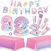 171Pcs Unicorn Birthday Party Decorations with Unicorn Rainbow Banner and Tablecloth, Birthday Party Supplies with Plates Cups Napkins Straws Cutlery, Pink Purple Disposable Tableware for 24 Guests