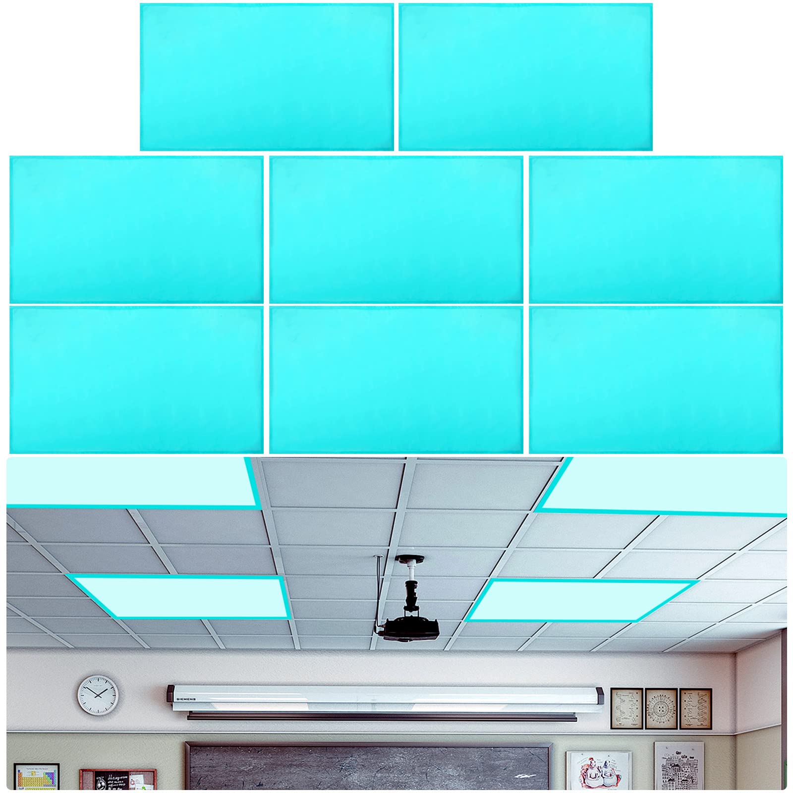 Photo 1 of 8 Pack Calming Fluorescent Light Covers Filters for Ceiling Lights Classroom Office Hospital Home Decor 4 x 2 Feet, Blue, with Round Double Sided Tape