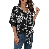 VIISHOW Womens Tie Front Chiffon Blouses V Neck Batwing Short Sleeve Summer Tops Shirts