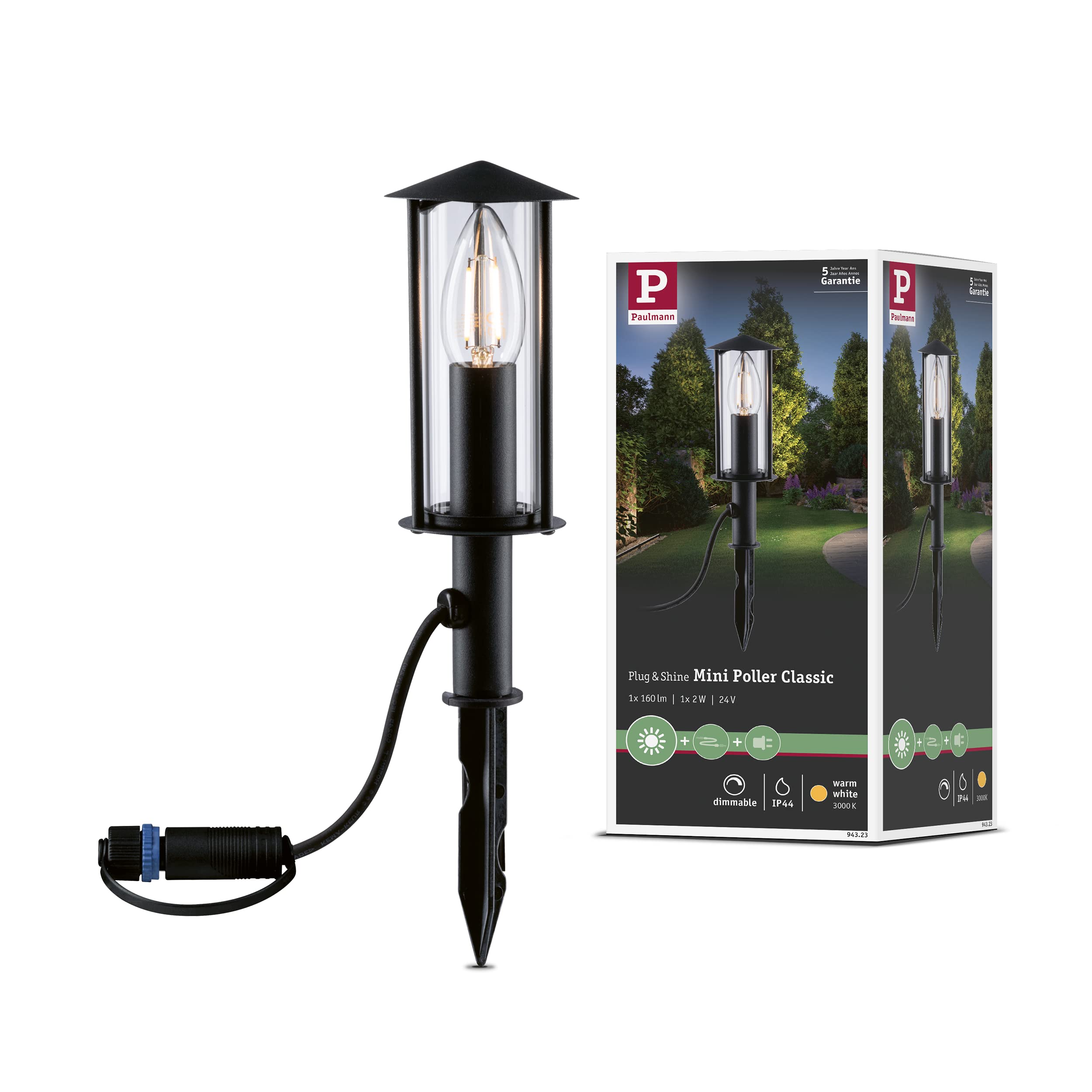 Paulmann 94323 Plug & Shine LED Exterior luminaire mini Bollard Classic IP44 incl. 1x2 watt dimmable Clear Metal 3000 K E14