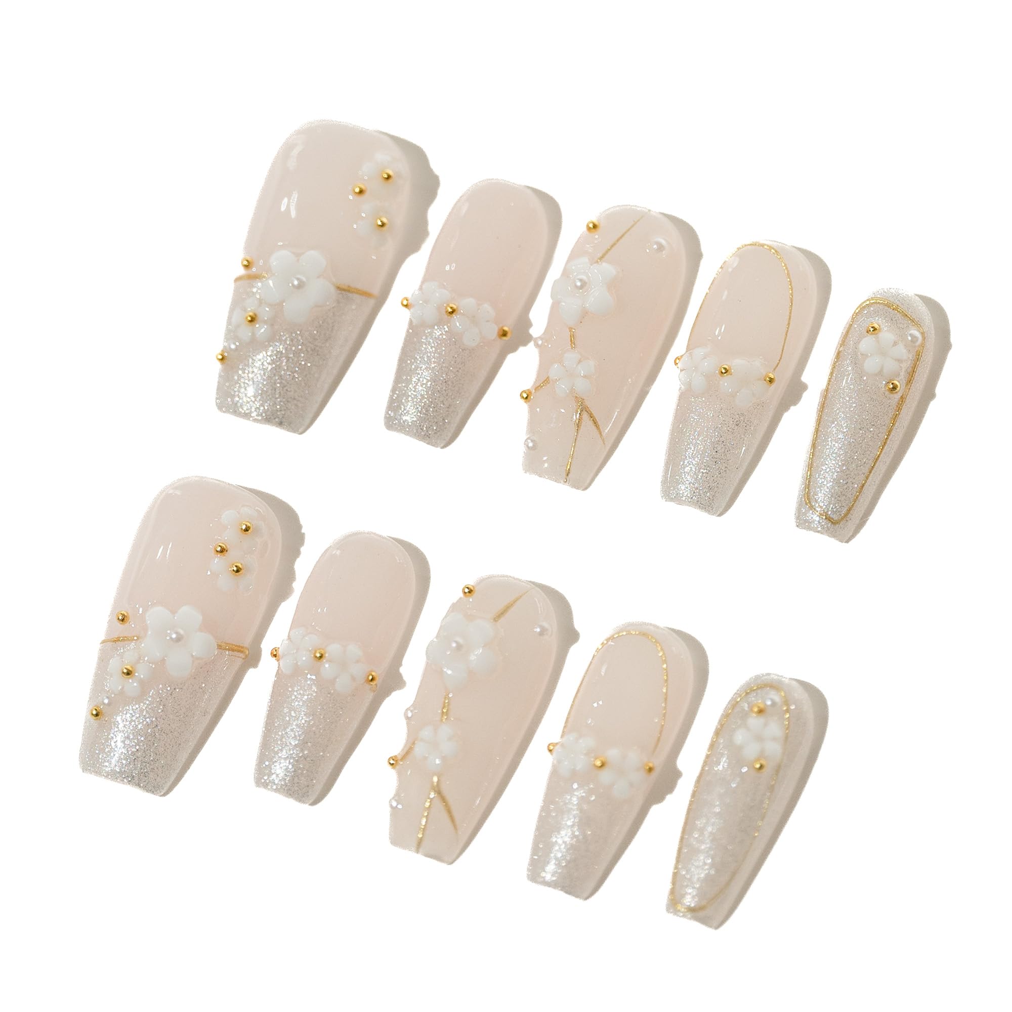 Sun&Beam Nails Handmade Press On Nails Medium Almond Light Pink Pearl Shell Glossy 10 Pieces Reusable for Everyday Wear and Special Occasions (#010 S)
