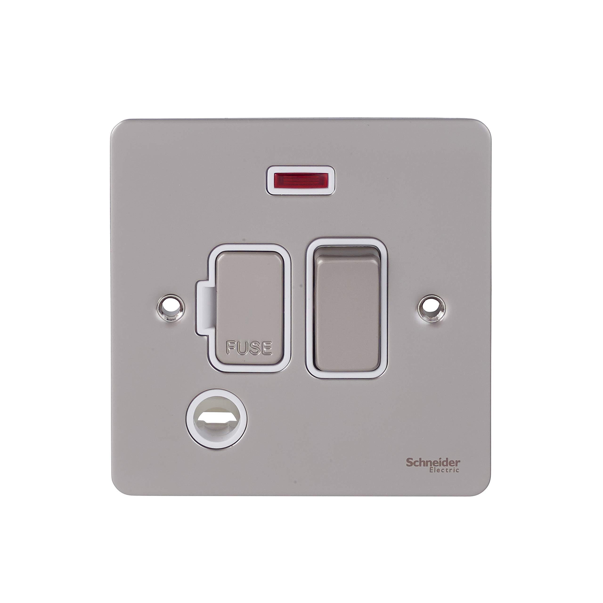 Schneider Electric Ultimate Flat Plate - Switched Fused Connection Unit, with Neon Indicator and Flex Outlet, GU5214WPN, Pearl Nickel with White Insert — image 1
