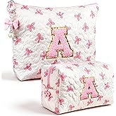 Initial Makeup Bag, Valentines Day Gifts for Women Teens Girls Birthday Gift Personalized Bow Cosmetic Bag, Quilted Cosmetic Travel Toiletry Pouch, Cute Makeup Organizer Teen Girl Gifts Trendy Stuff A