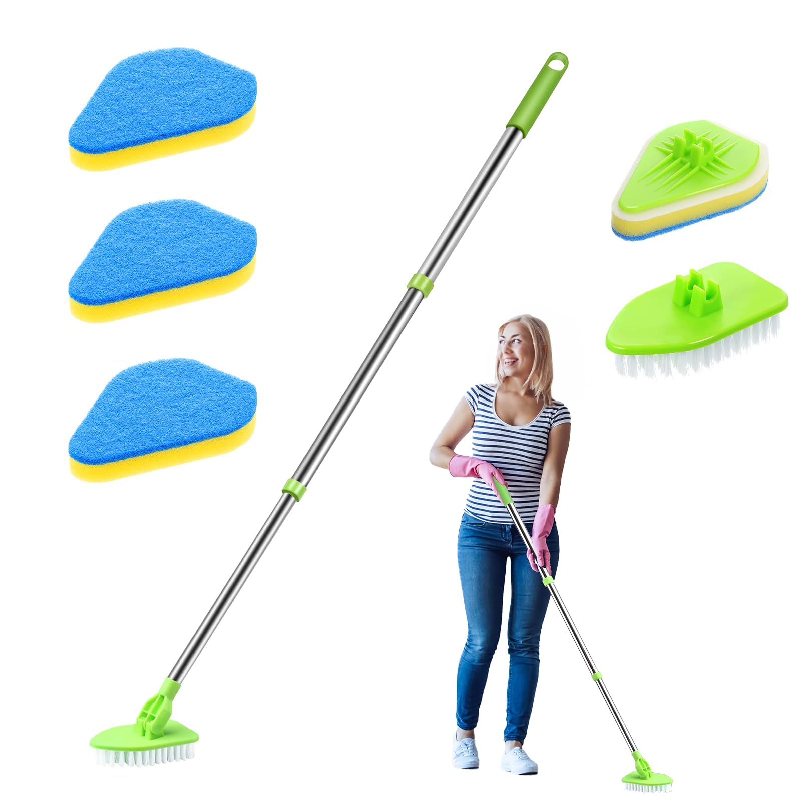 Bathroom-Cleaning-Scrubbing Long-Handled Scrubbing Brush with Squeegee - Extendable Tub and Tile Cleaner, 2 in 1 Floor and Shower Brush for Bathroom and Kitchen