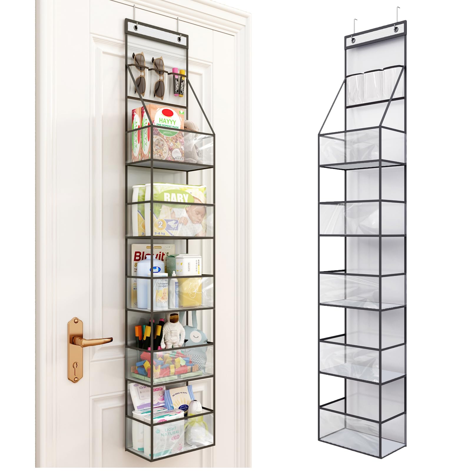 Photo 1 of Fixwal 6-Shelf Over The Door Hanging Pantry Organizer Hanging Storage with Clear Plastic Pockets Behind The Door Storage Organizer with 3 Small PVC Pockets for Closet Bedroom Bathroom (Grey)