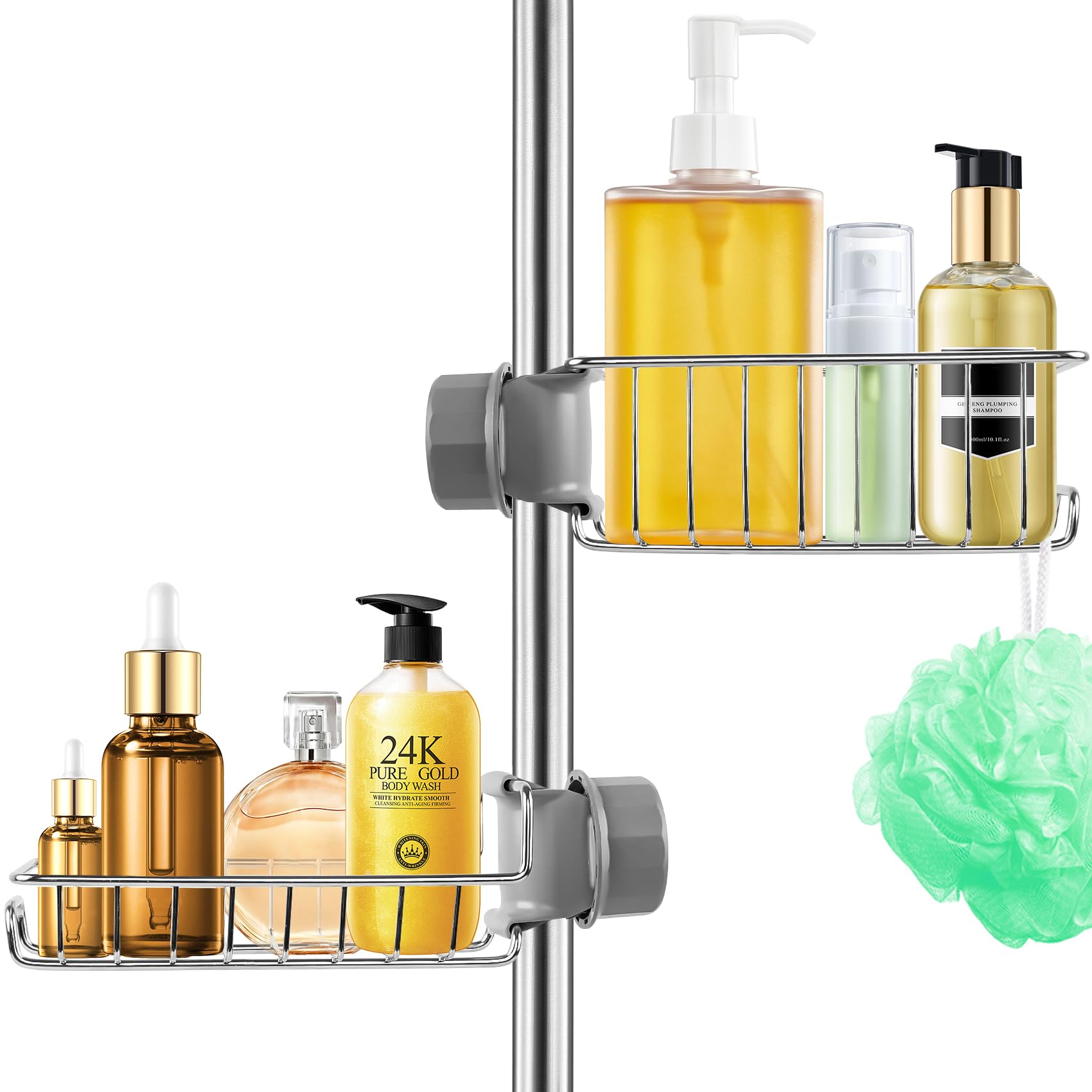 CoFvHo Shower Caddy Shelf No Drill 2 Pcs, Stainless Steel Shower Shelves for Riser Rail 18-27mm, Rustproof Storage Rack Hanging Bathroom Organiser for Shampoo Soap, Kitchen Toilet, Silver