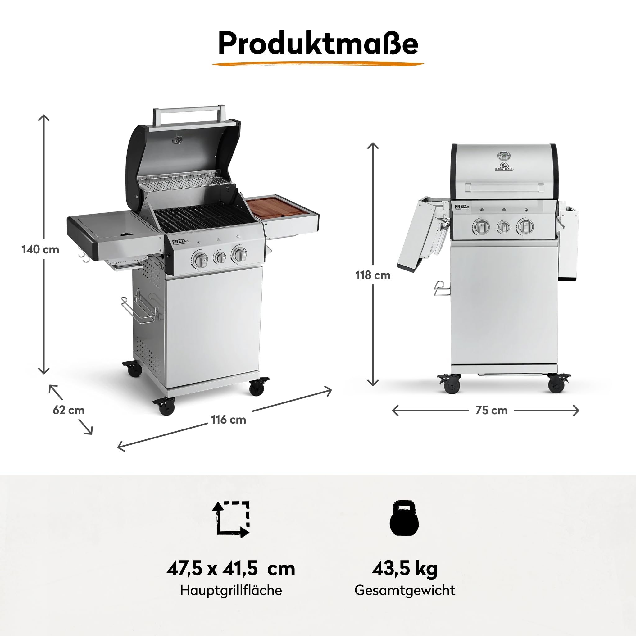 BURNHARD 2-Brenner Gasgrill FRED Jr. Deluxe Series 3 inkl. 900°C Infrarot-Keramikbrenner, Edelstahl-Grillrost, Grillabdeckung, Edelstahl Grillwagen + klappbare Seitentische 2