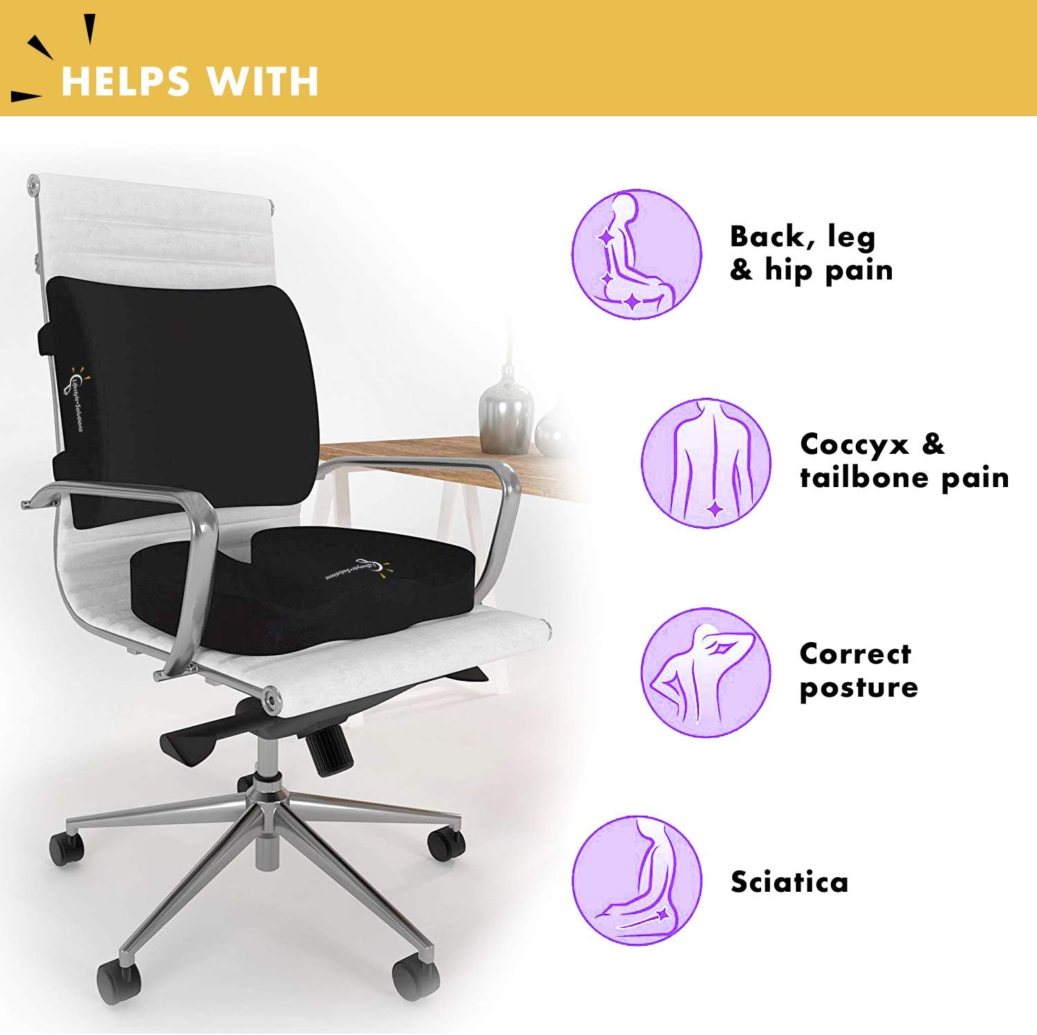 Lifestyle Memory Foam Seat Cushion and Lumbar Back Cushion Combo, Gel Infused Ventilated, Orthopedic Design for Coccyx Tailbone Pain and Sciatica, Perfect for Office Chair: Home & Kitchen