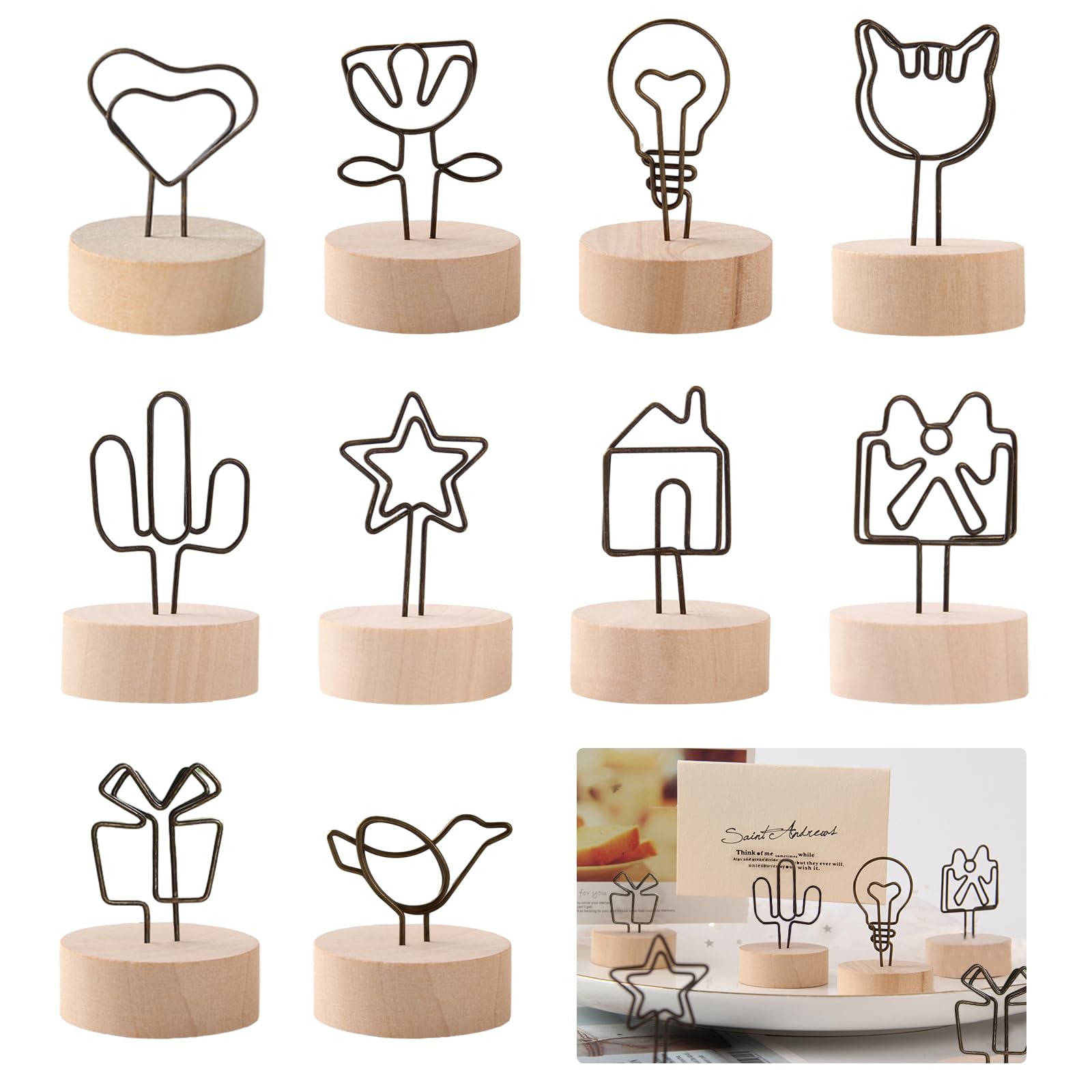 KASESSS 10Pcs Table Number Holders, Place Card Holders with Wooden Base, Photo Holders for Tables, Table Name Holders, Metal Table Number Stands Note Clip Holders for Party Office Restaurant Weddings