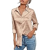 NIGHTMISS Women V Neck Long Sleeve Button Down Satin Office Dress Shirt Leopard High Low Hem Button Work Blouse