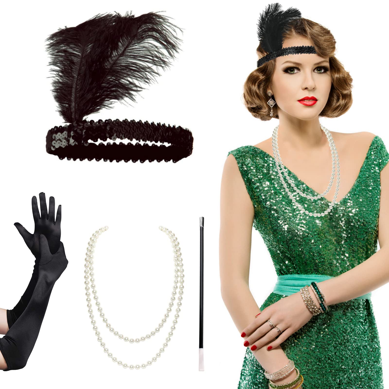 1920s Flapper Headband Set Vintage Feather Headpiece with Necklace Cigarette Rod and Long Black Gloves 20s Theme Party Accessories for Women Costume Prom Wedding Carnival Party
