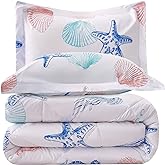 JSD Beach Theme Kids Comforter Set Twin Size, Jellyfish Starfish Shell Printed Comforter with Pillow Sham, Lightweight All Season Washable