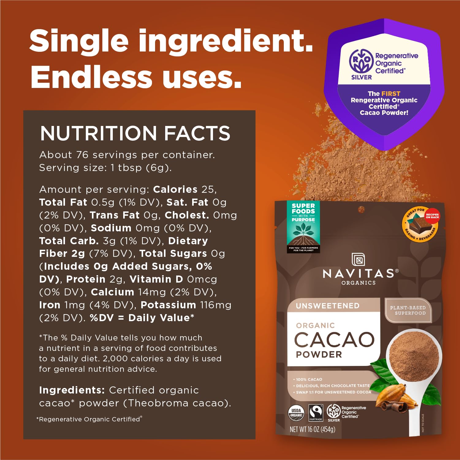 Navitas Organics Cacao Powder - Cocoa Powder Substitute 1:1, For Hot Chocolate, Baking & More - Regenerative Organic Certified, Non GMO, Fairtrade, Gluten Free, Non-alkalized (16oz. Bag, 76 Servings)