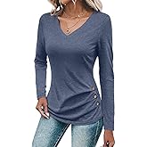 Micticsi Womens V Neck Long Sleeve T Shirts Ruched Tops Casual Loose Fit Tees Fall Fashion Outfits 2025