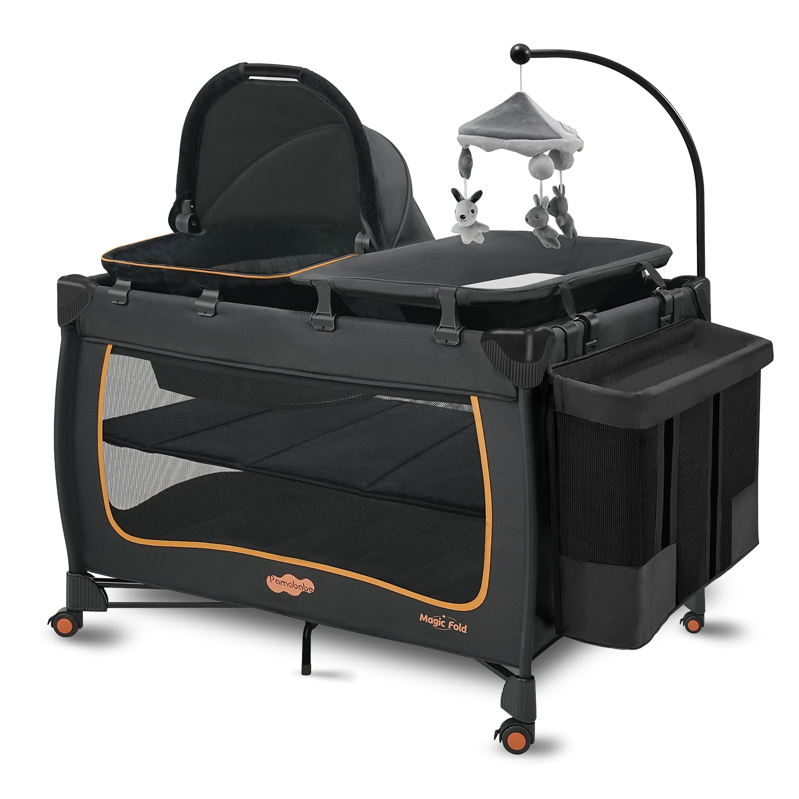 Pamo Babe 6 in 1 Baby Pack and Play with Bassinet - One-Step Setup Travel Crib, Small Portable Playpen for Babies, Portable Baby Bassinet, Changing Table, Toys Bar & Extra Large Storage Bag Image