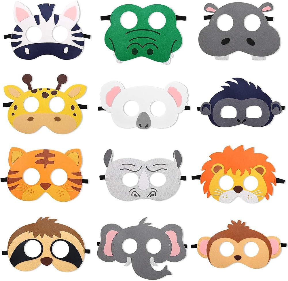 AOOTUERL 12pc Kids Animal Felt Masks Jungle Theme Party Costume Favors