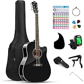 Moukey 41" Acoustic Guitar for Beginners Adult Teen Full Size Guitarra Acustica with Chord Poster, Gig Bag, Tuner,Steel Strings, Capo, Strap - Black