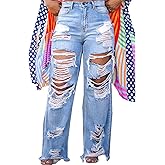 Ptorlio Women's Ripped Jeans Y2k Straight Wide Leg High Waisted Jean Distressed Baggy Denim Pants