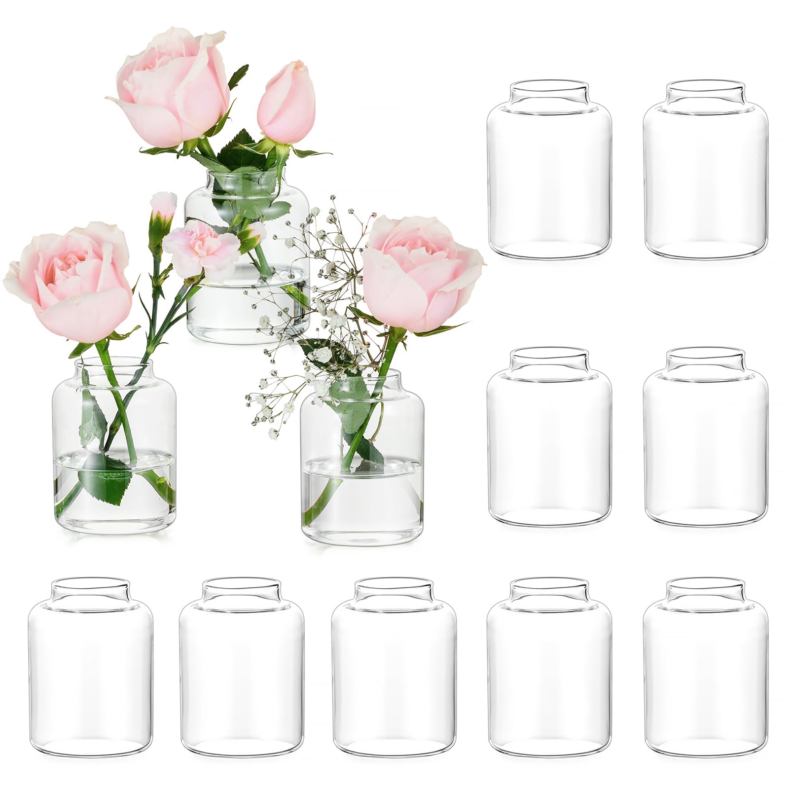 Photo 1 of Hewory Small Bud Vases Set of 12: Clear Glass Vases for Flowers - Modern Bud Vase Bulk for Wedding Centerpieces Baby Shower Parties Rehearsal Dinner Table Decorations