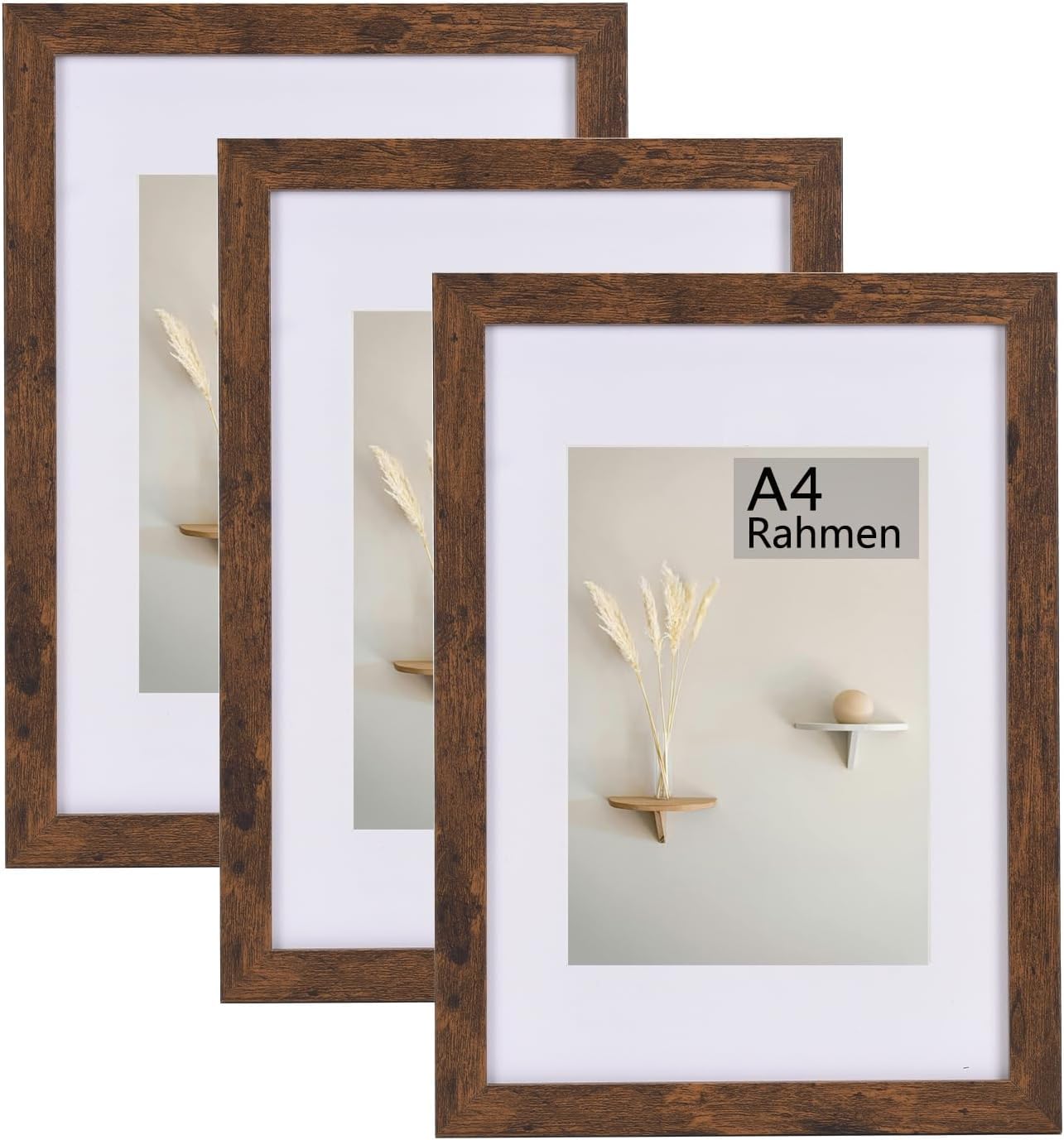 LYYYYX Wooden Picture Frame Rustic A4-21x30cm Matted for A5 Picture Brown Photo Frame with Perspex Set of 3 Certificate Freestanding and Wall Mountable