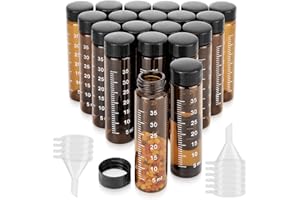 Njvial 20Pcs 40ml Small Amber Glass Vials with Lids, Scale and 10 Funnels, Lab Sample Bottles Empty Refillable Graduated Meas
