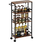 Narrow Storage Cart with Wheels, 4-Tier Narrow Kitchen Carts Slim Rolling Cart, Skinny Storage Cart, Snack Cart Slim Laundry Carts with Handle for Livingroom, Diningroom, Office(Rustic Brown, Black)